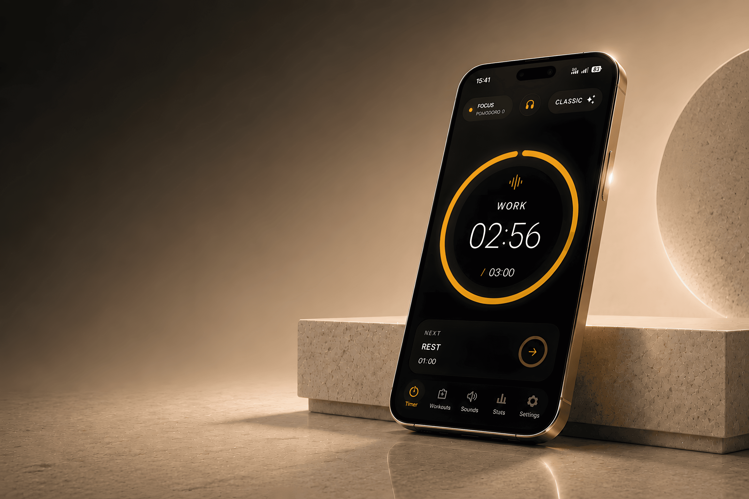 Tickra focus timer displayed on a phone in a warm architectural setting.