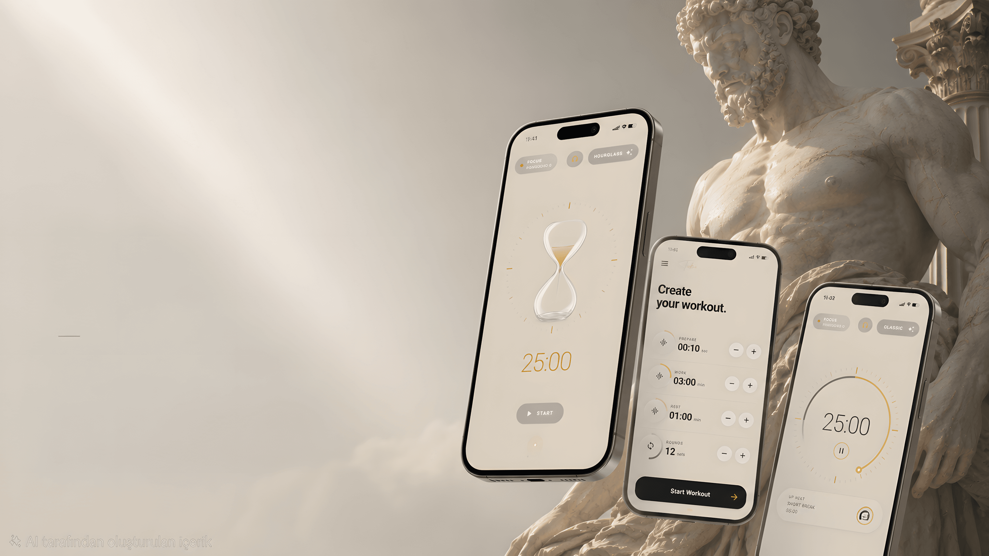 Tickra timer and workout screens arranged beside a classical sculpture.