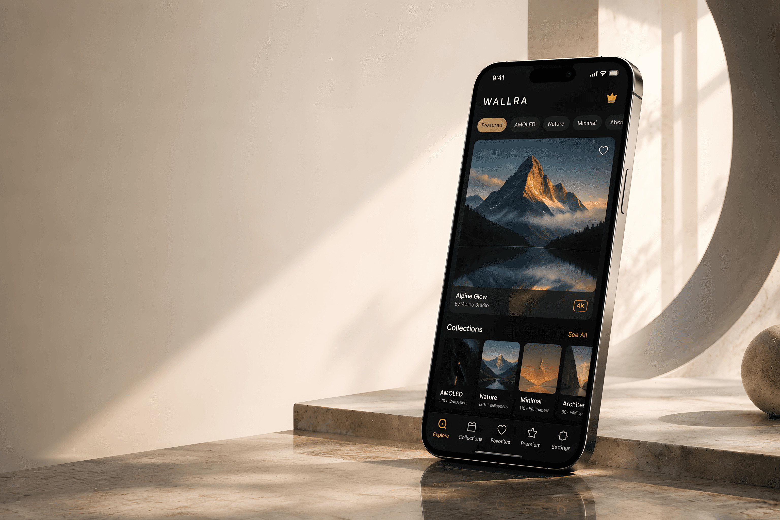Wallra wallpaper discovery interface displayed on a phone in a light architectural setting.