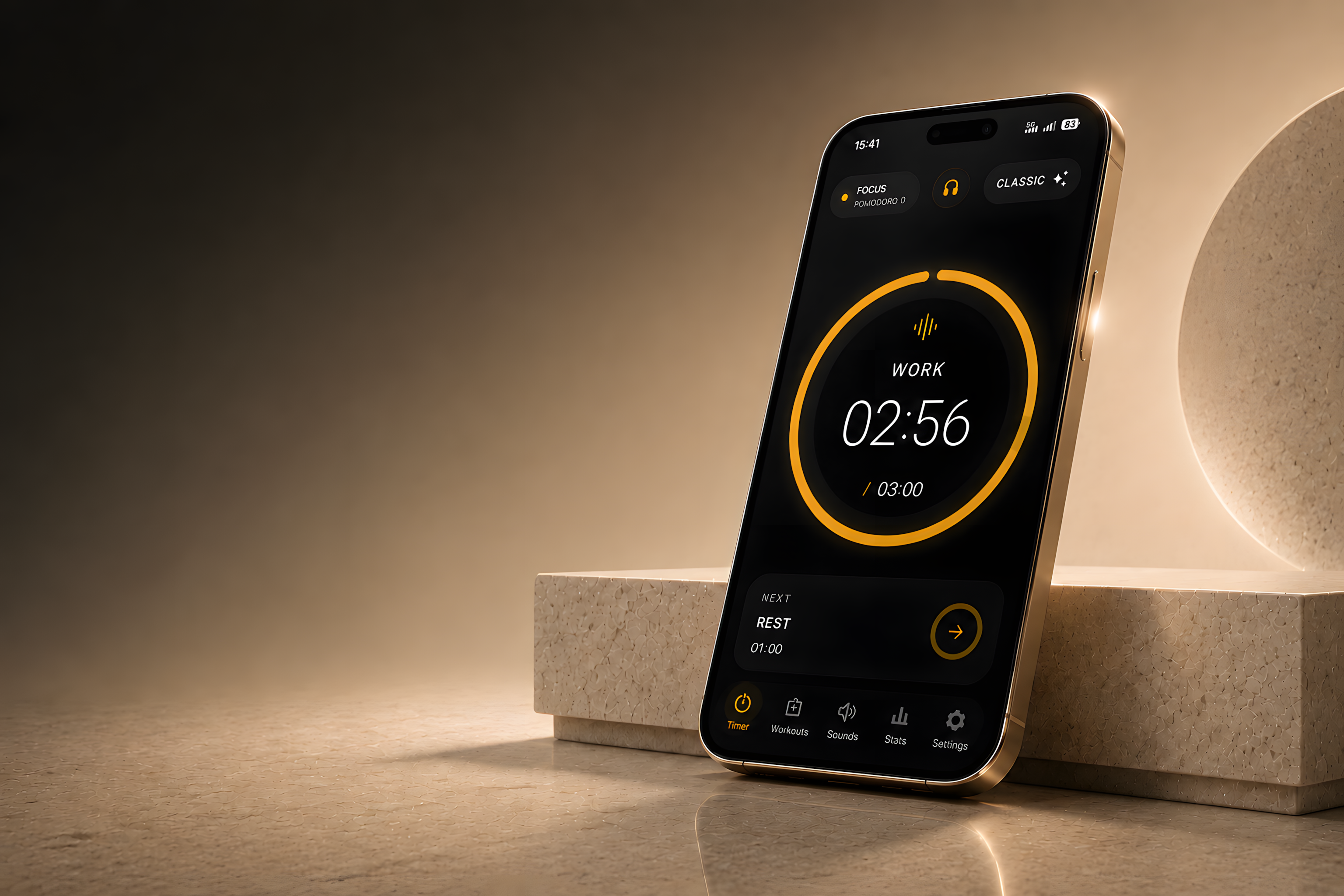 Tickra focus timer displayed on a phone in a warm architectural setting.