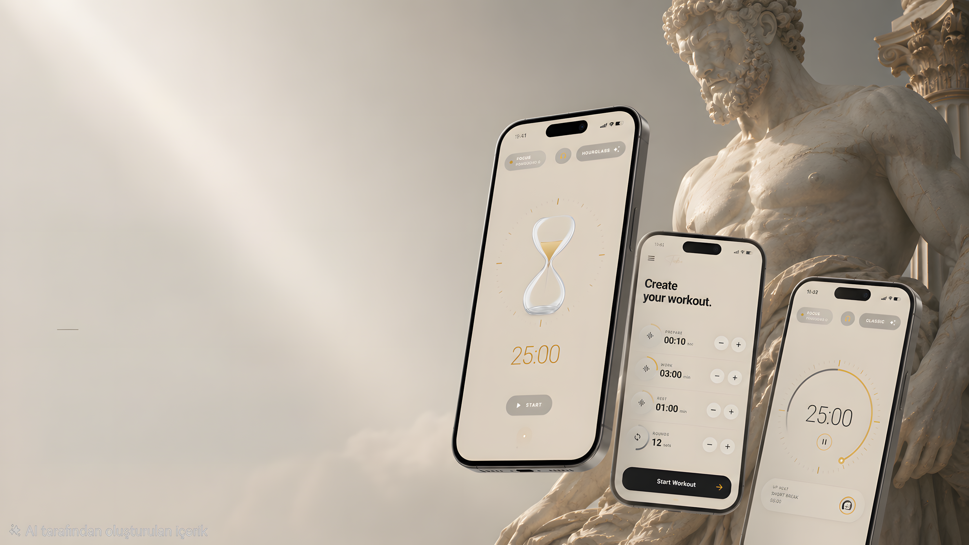 Tickra timer and workout screens arranged beside a classical sculpture.