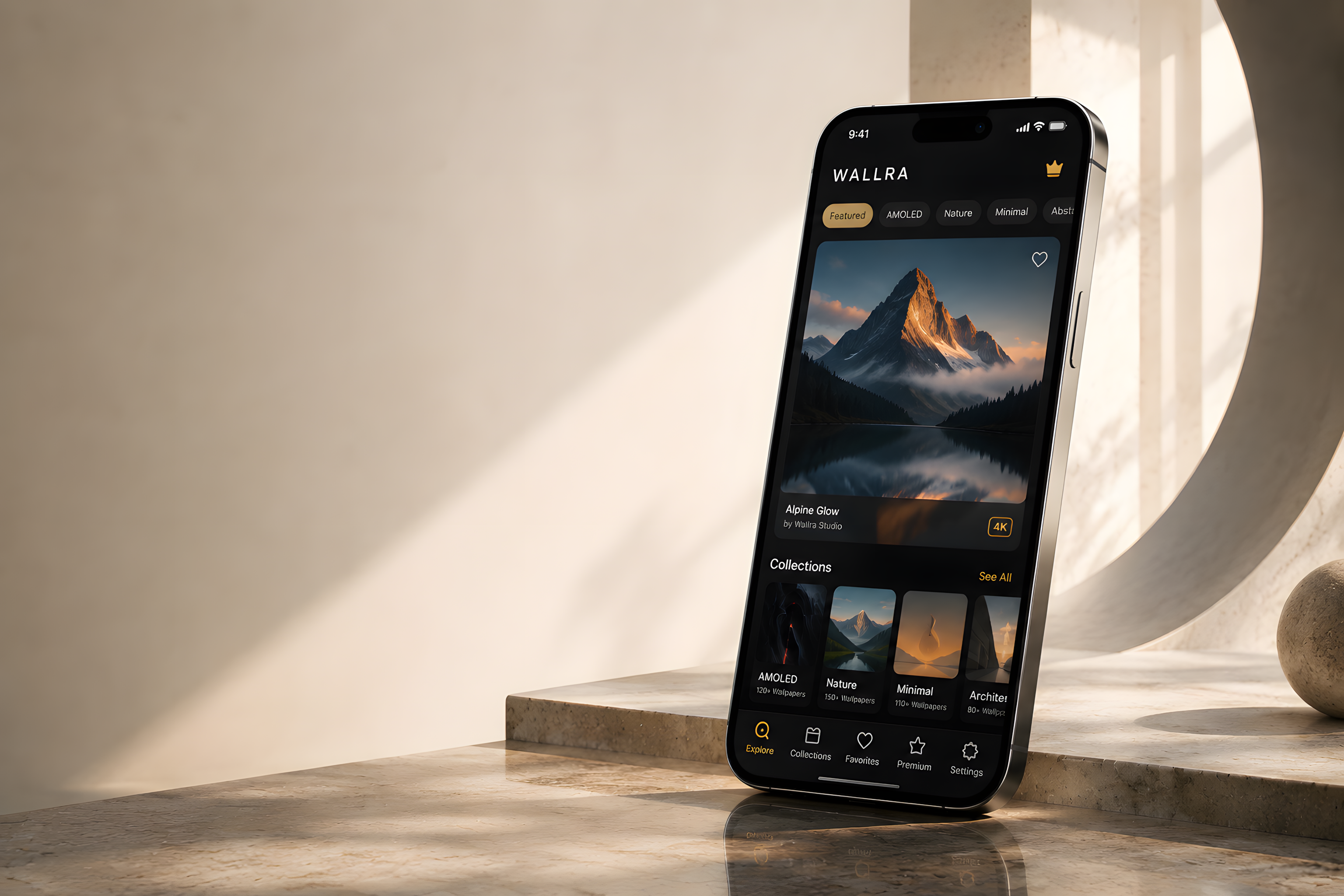 Wallra wallpaper discovery interface displayed on a phone in a light architectural setting.