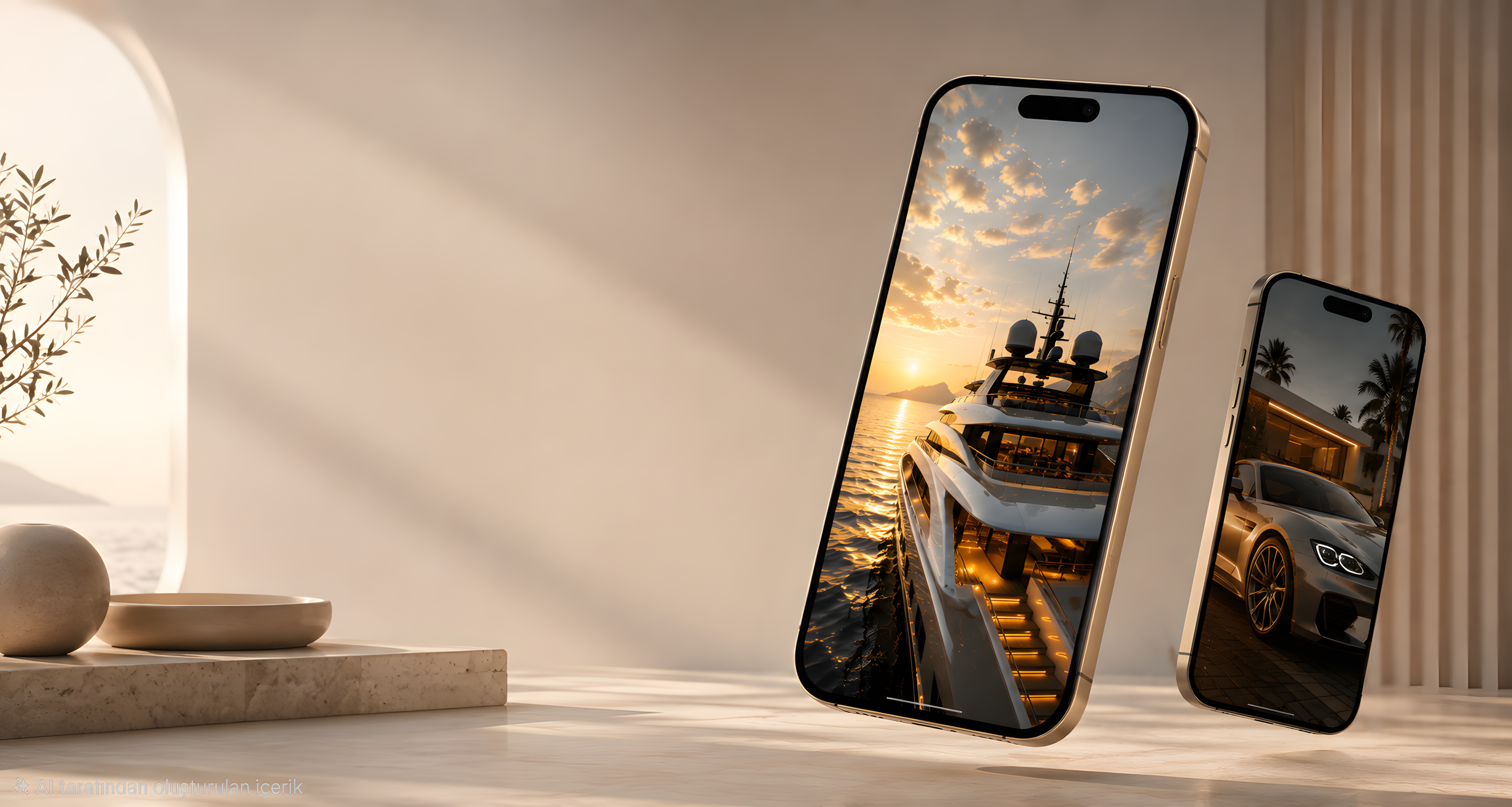 Wallra yacht and automotive wallpapers displayed on two phones.